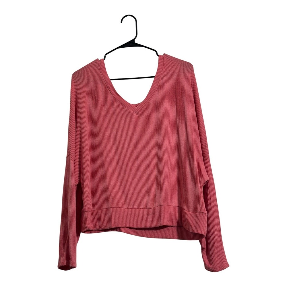 Auden Coral Pink Ribbed V-Neck Long Sleeve Sleepwear‎ Top Women's Size Large NWT